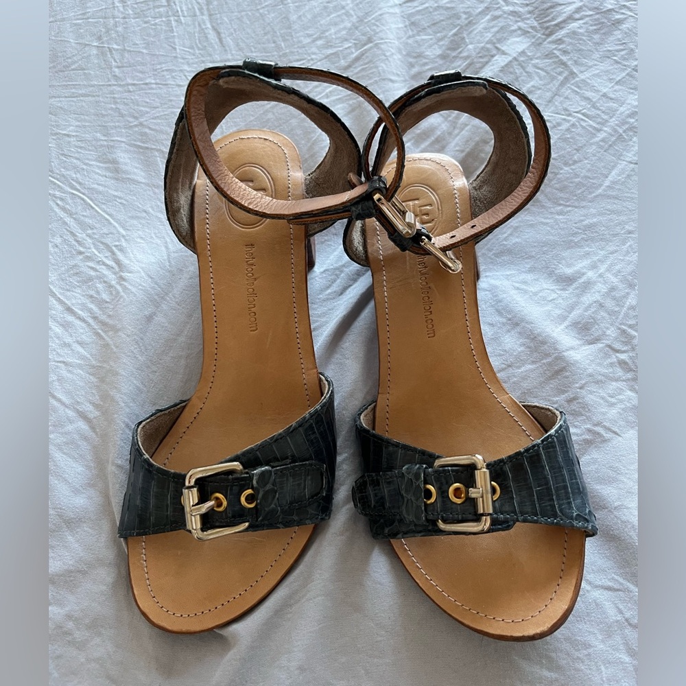 Blue and Tan Block Heel Sandals with Ankle Straps